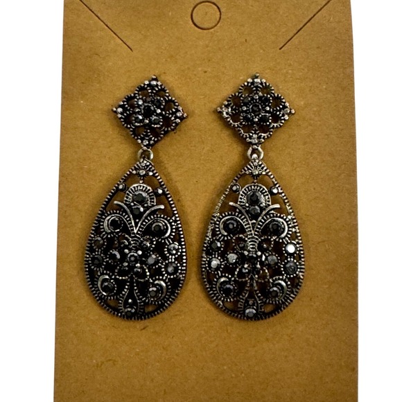 No brand Jewelry - Silver Tone Black Rhinestone Filigree Teardrop Drop Earrings Vintage Goth Y2K